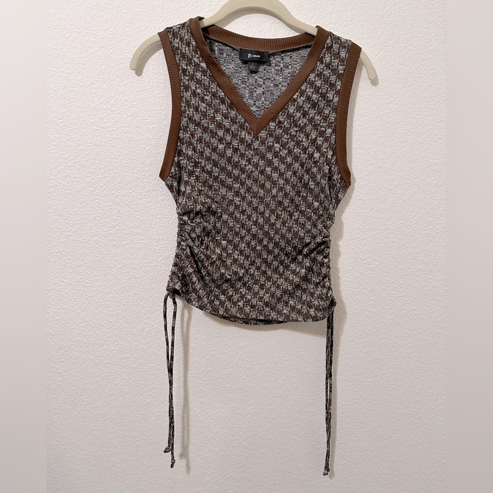 EUC B•Wear Knit Brown Sweater Vest Tank V/Neck Adjustable Cinched Sides